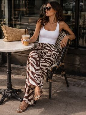 NWT See You Monday Zebra Print Wide Leg Pants Satin Flowy Statement M